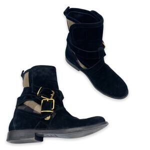 Burberry Women's Black Suede Ankle Moto Boots Nova Check Worcester Size 36